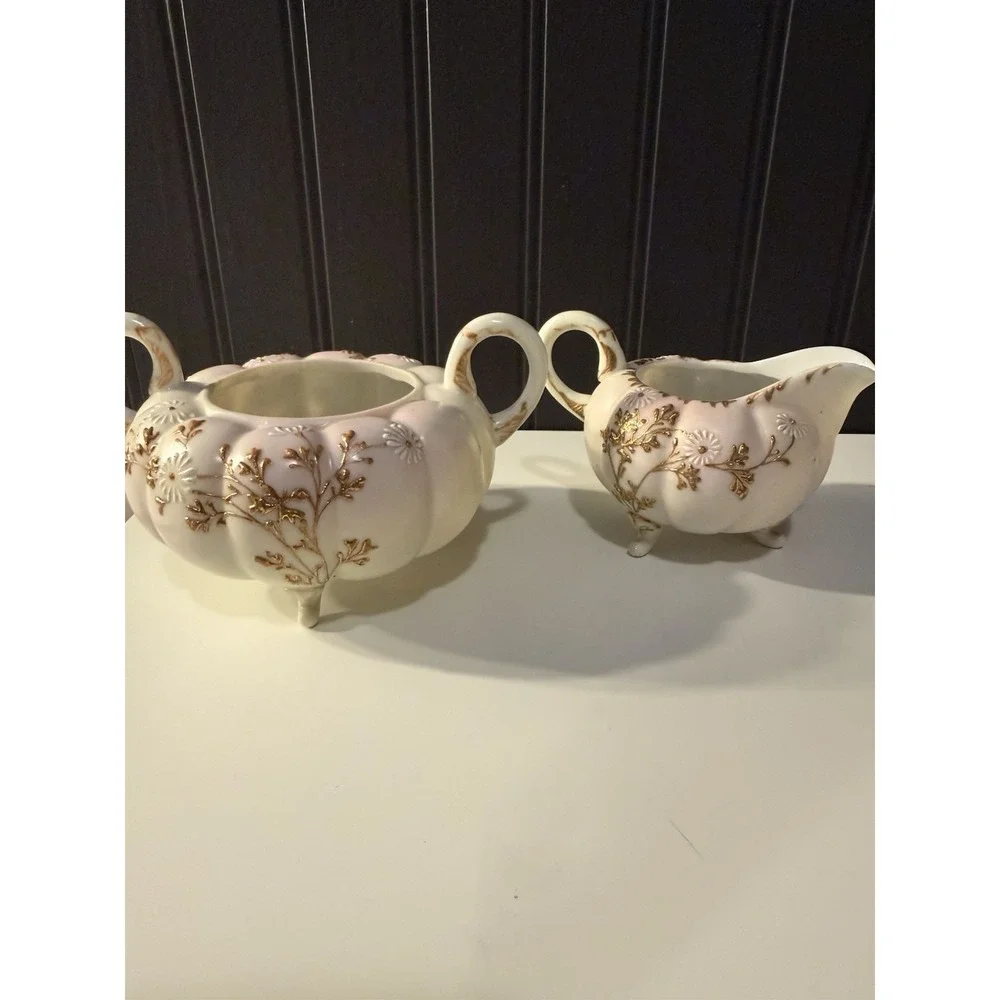 Antique Hand Painted Gilded Japanese Cream & Sugar Set